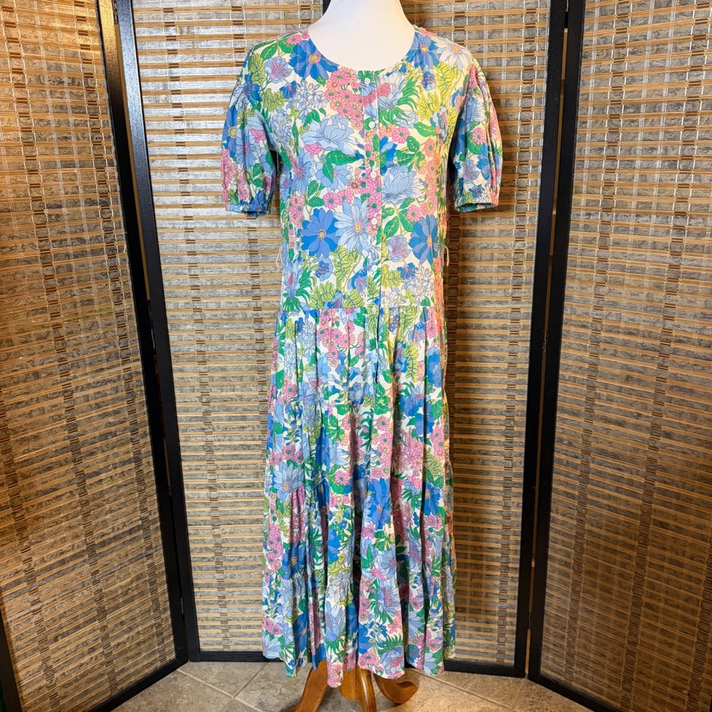 J.Crew Floral Cotton Tiered Maxi Dress Women XXS Multi Puff Sleeve Boho AV074